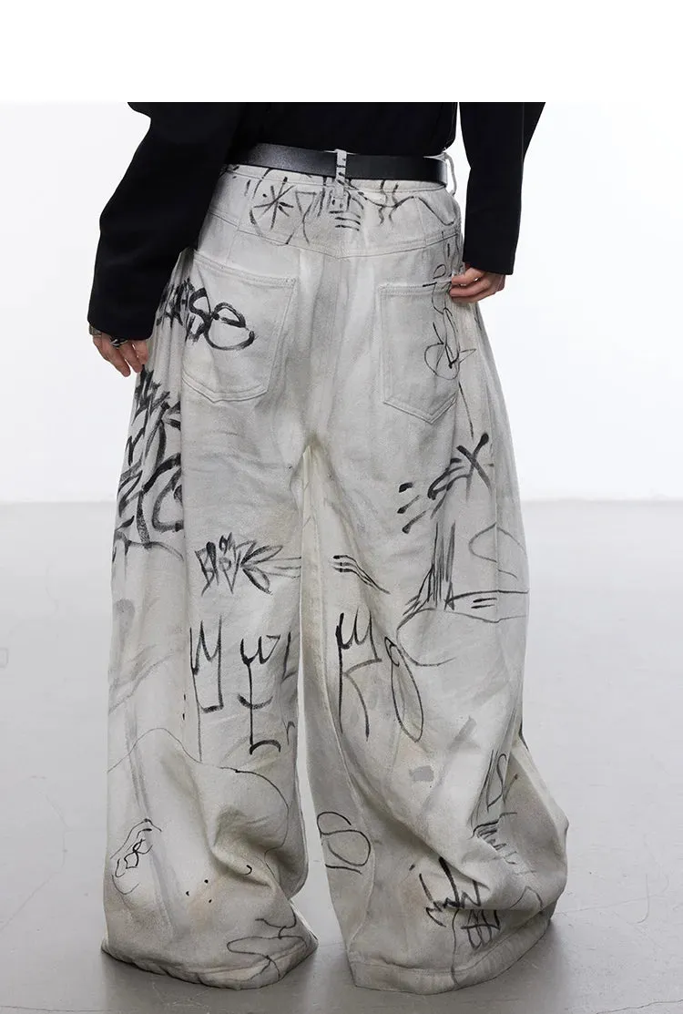 Men's Streetwear Oversized Beige Graffiti Wide Leg Trousers