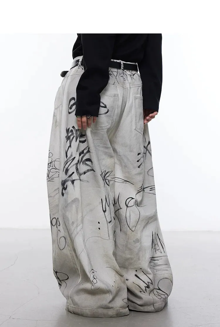 Men's Streetwear Oversized Beige Graffiti Wide Leg Trousers