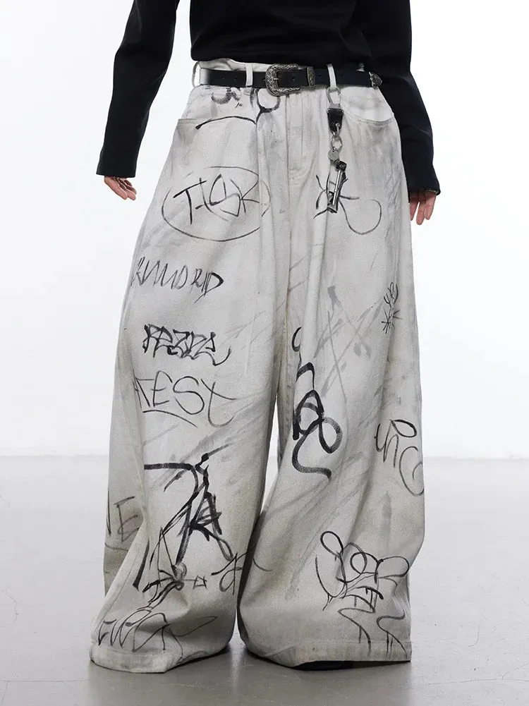 Men's Streetwear Oversized Beige Graffiti Wide Leg Trousers