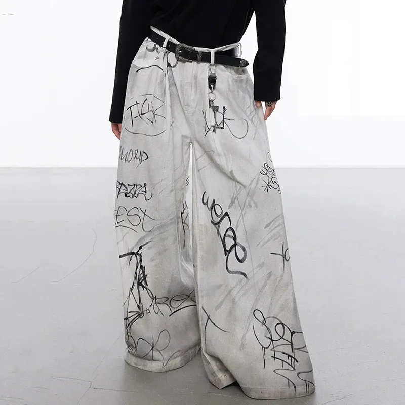 Men's Streetwear Oversized Beige Graffiti Wide Leg Trousers