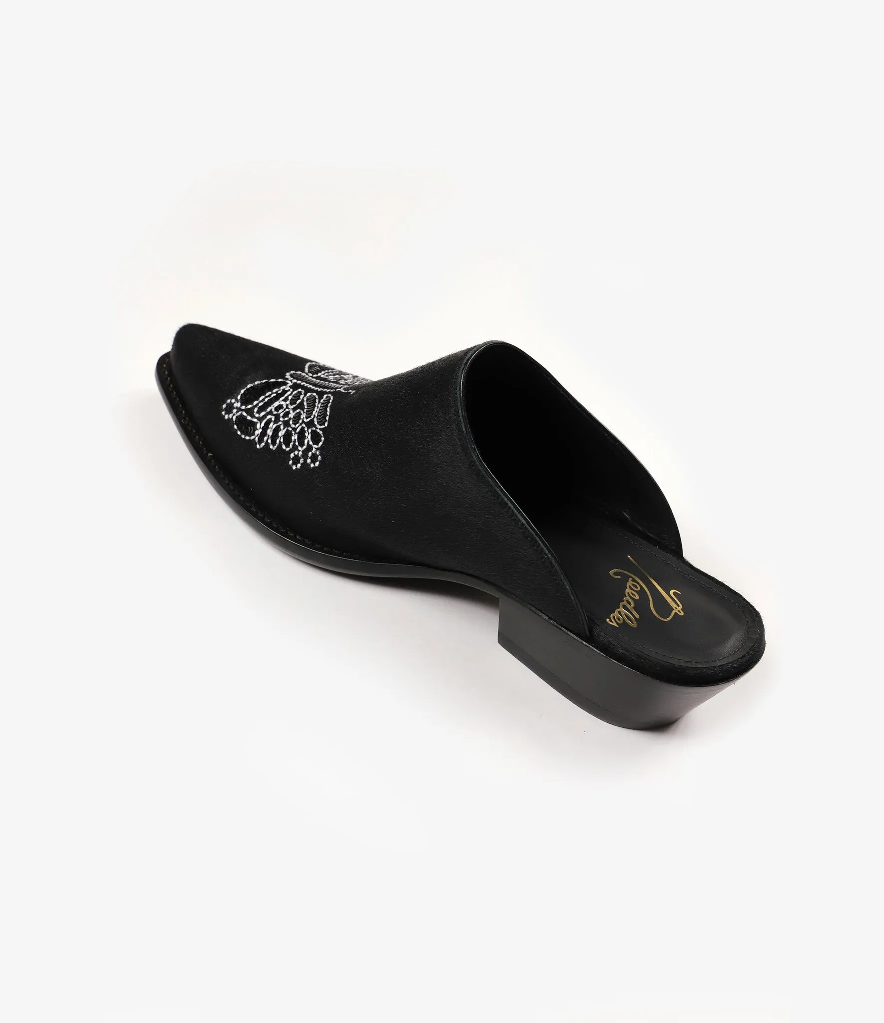 Papillon Embroidered Heeled Mule - Black Pony