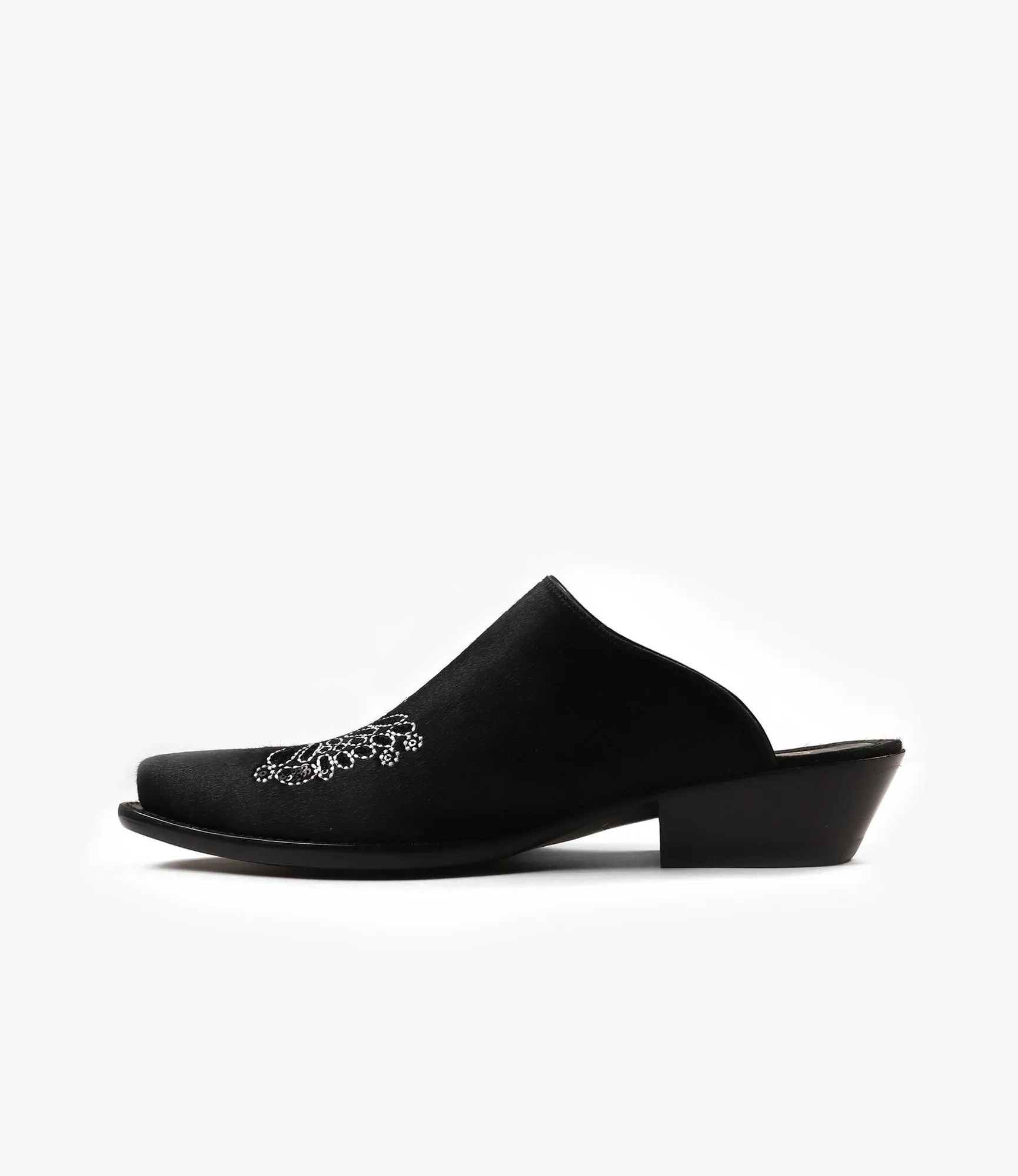 Papillon Embroidered Heeled Mule - Black Pony