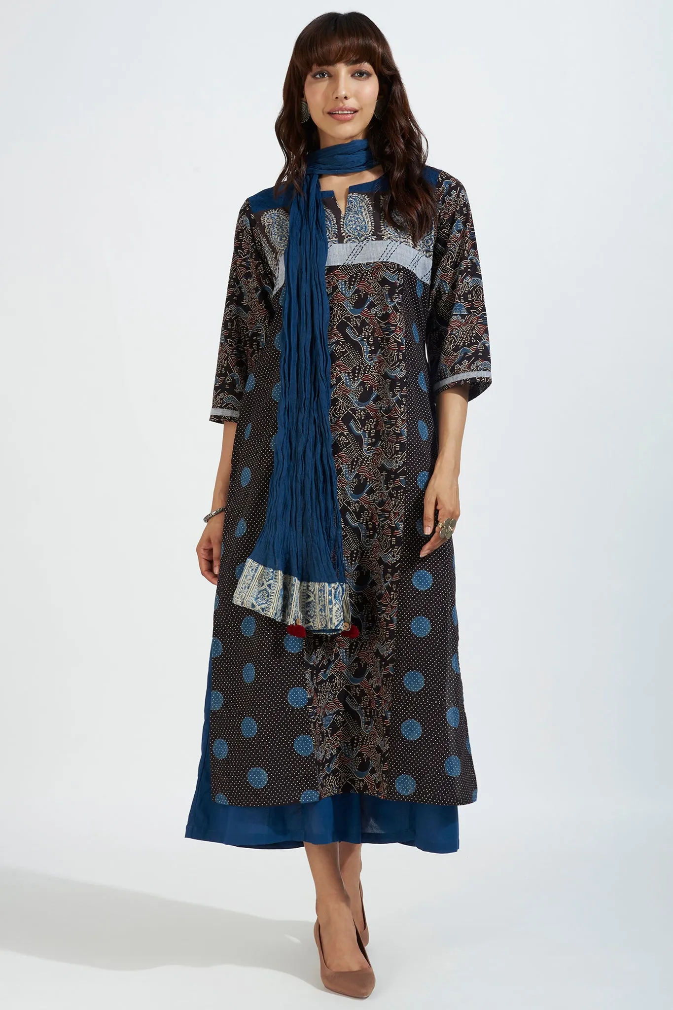 patchwork long kurta with slit - midnight dots & indigo elegance