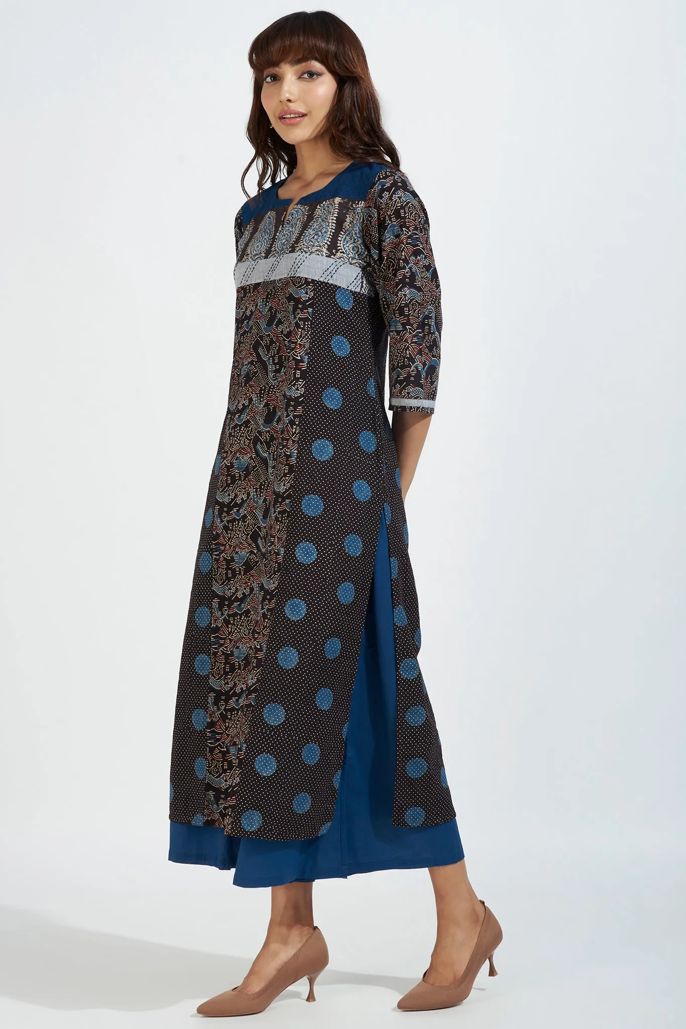 patchwork long kurta with slit - midnight dots & indigo elegance