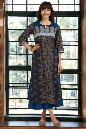 patchwork long kurta with slit - midnight dots & indigo elegance