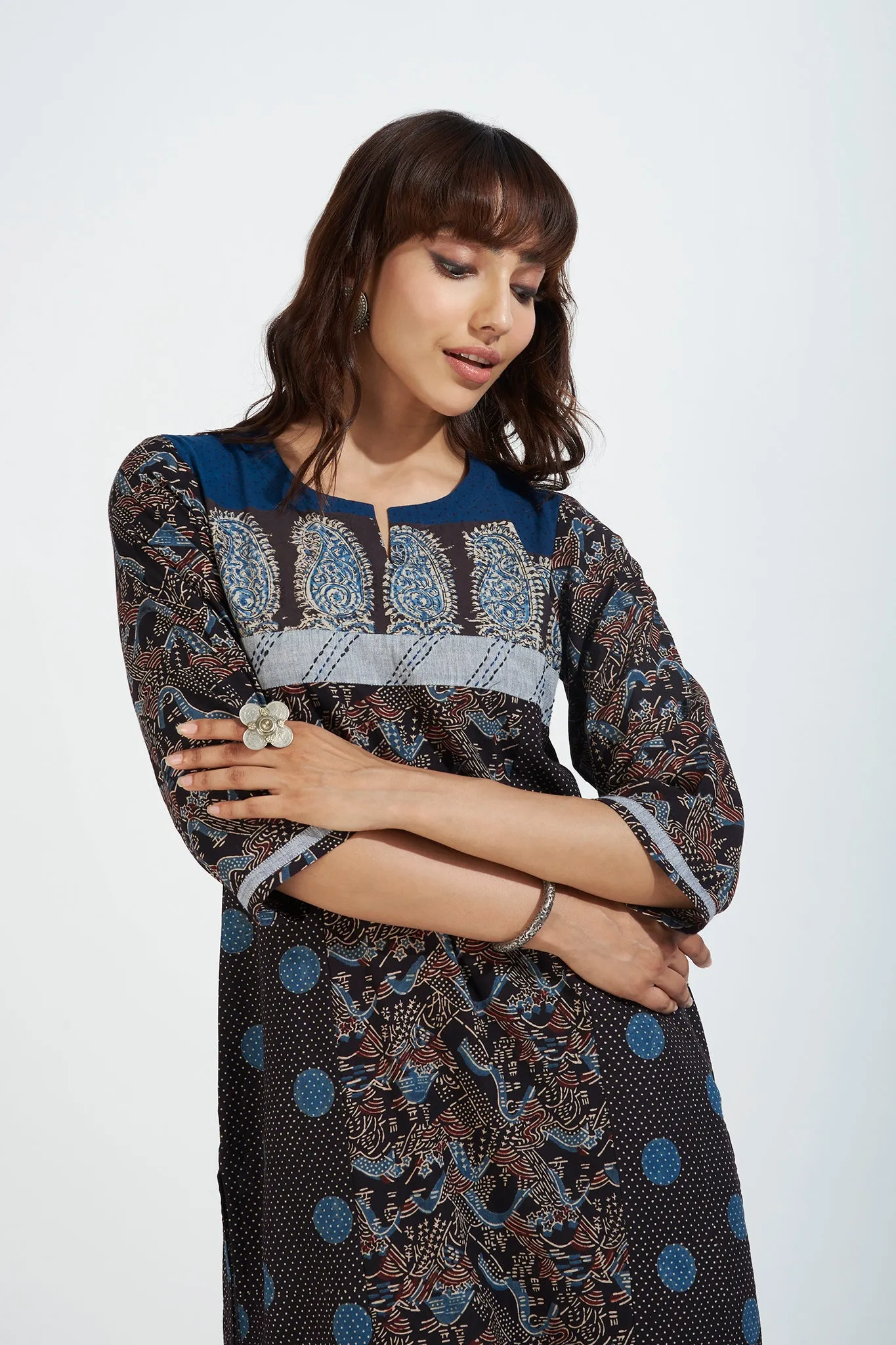 patchwork long kurta with slit - midnight dots & indigo elegance