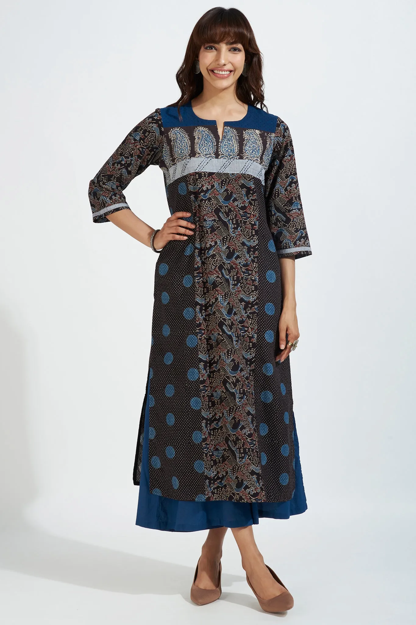 patchwork long kurta with slit - midnight dots & indigo elegance