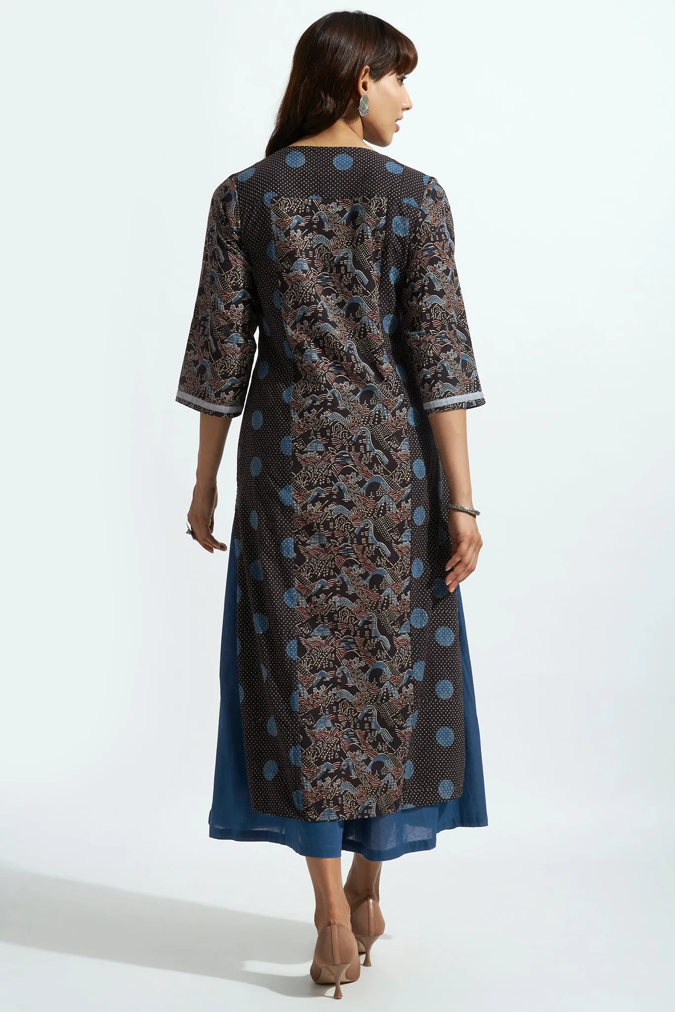 patchwork long kurta with slit - midnight dots & indigo elegance