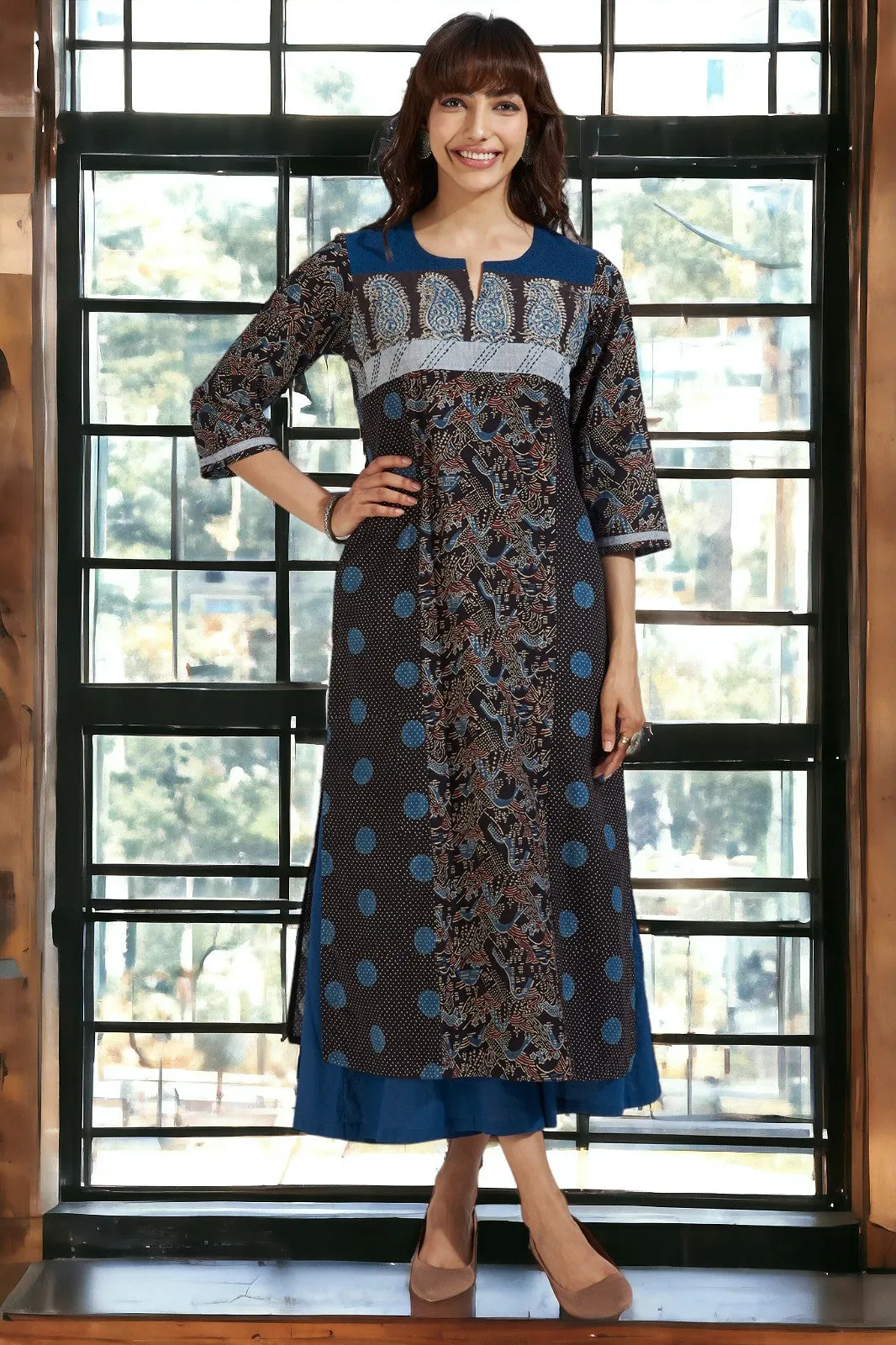 patchwork long kurta with slit - midnight dots & indigo elegance