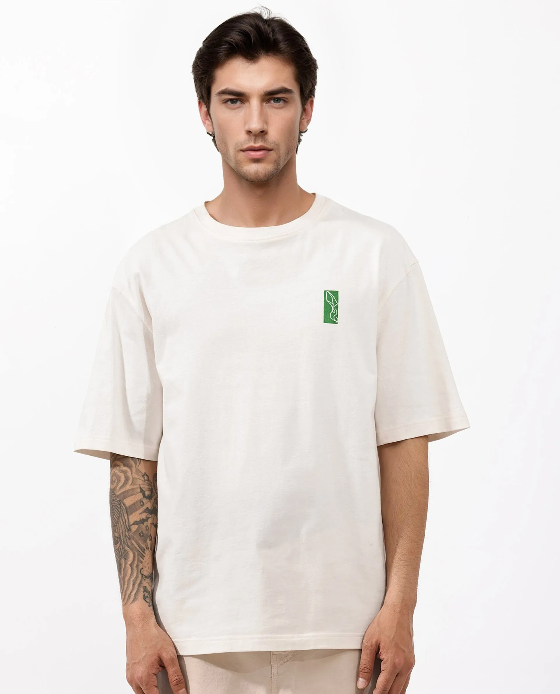 Rare Rabbit Articale Men's Oren Off White Cotton Polyester Fabric Crew Neck Oversized Fit Graphic Print T-Shirt