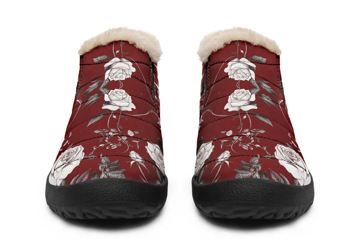 Red Rose Romance Winter Sneakers - Warm & Easy Slip-On Shoes Lined with Vegan Wool with Anti-Slip Soles