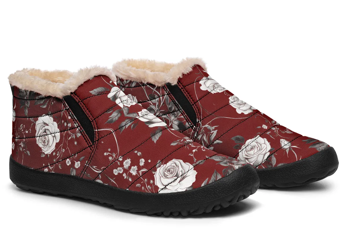 Red Rose Romance Winter Sneakers - Warm & Easy Slip-On Shoes Lined with Vegan Wool with Anti-Slip Soles