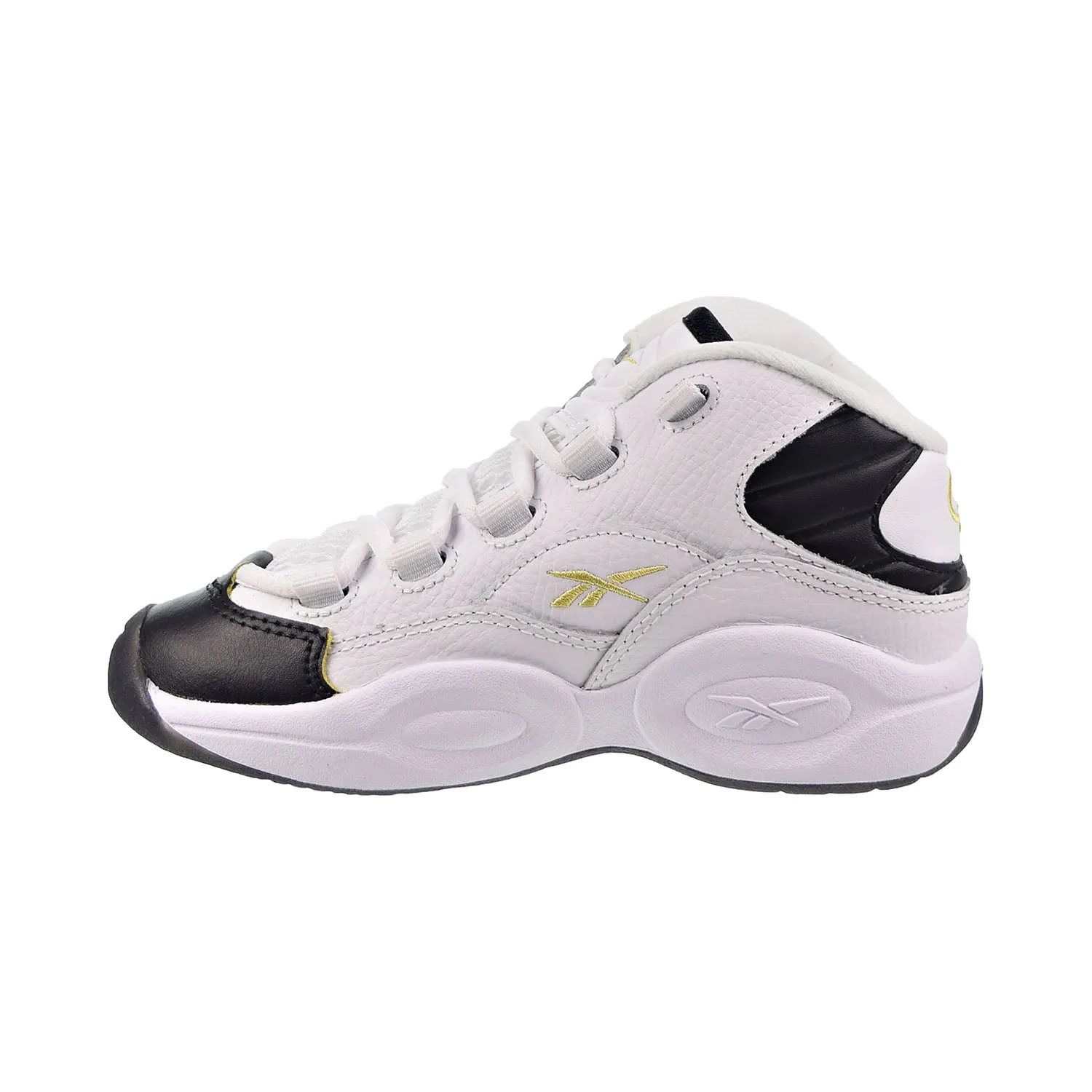 Reebok Question Mid "Black Toe" Little Kids' Shoes White-Black-Gold Met