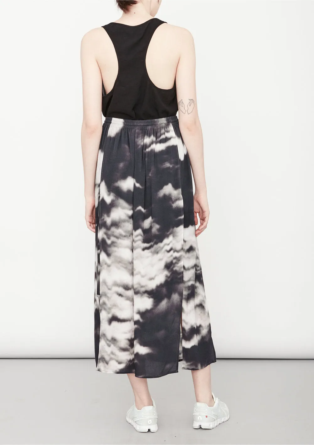 SKIRT LONG - SIDE SLOTS - VISCOSE print cloud black / white