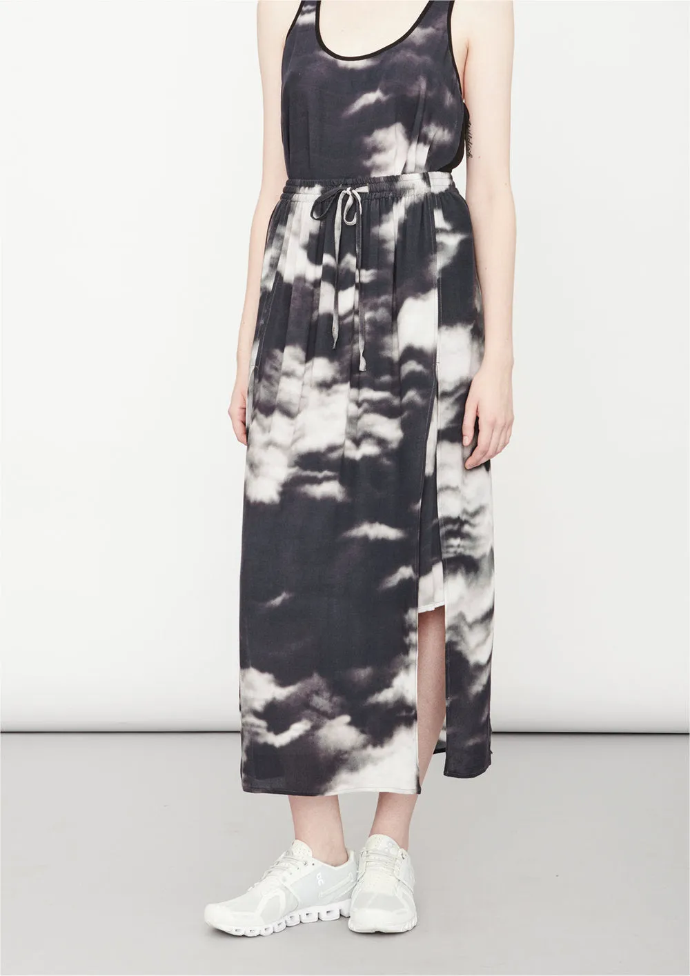 SKIRT LONG - SIDE SLOTS - VISCOSE print cloud black / white