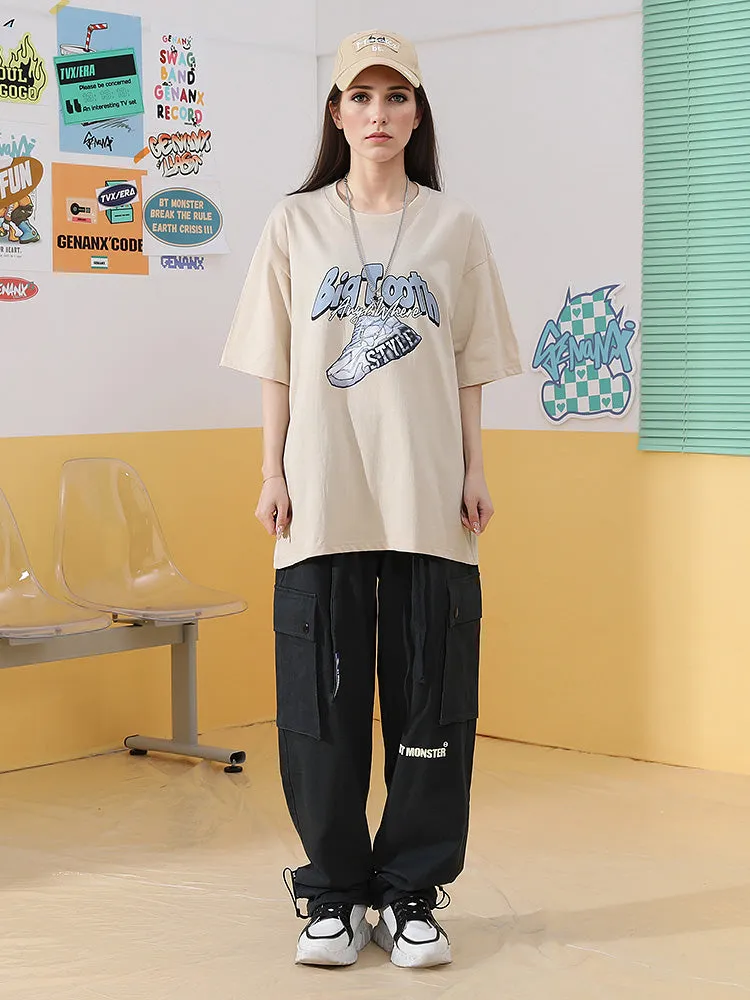 Sneakers monogram print loose shoulder drop cotton round neck T-shirt