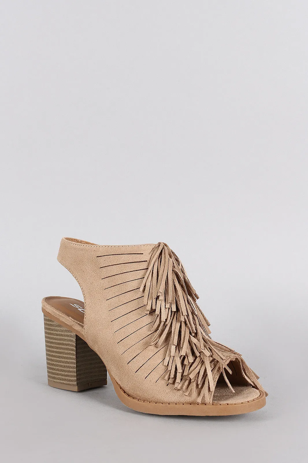 Soda Suede Fringe Peep Toe Mule Chunky Heel