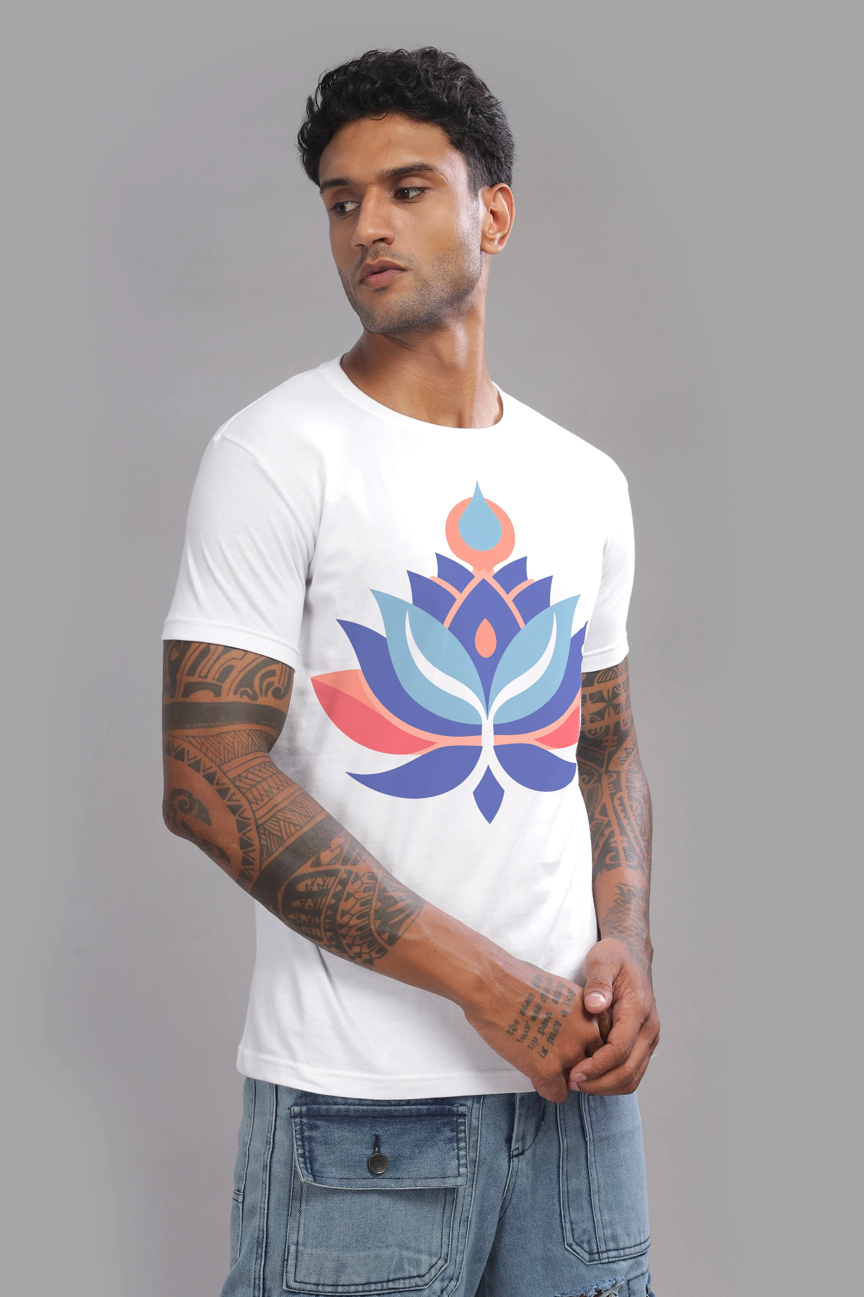 Whispering Lotus - 100% Cotton White Crewneck Half Sleeve Unisex T-shirt