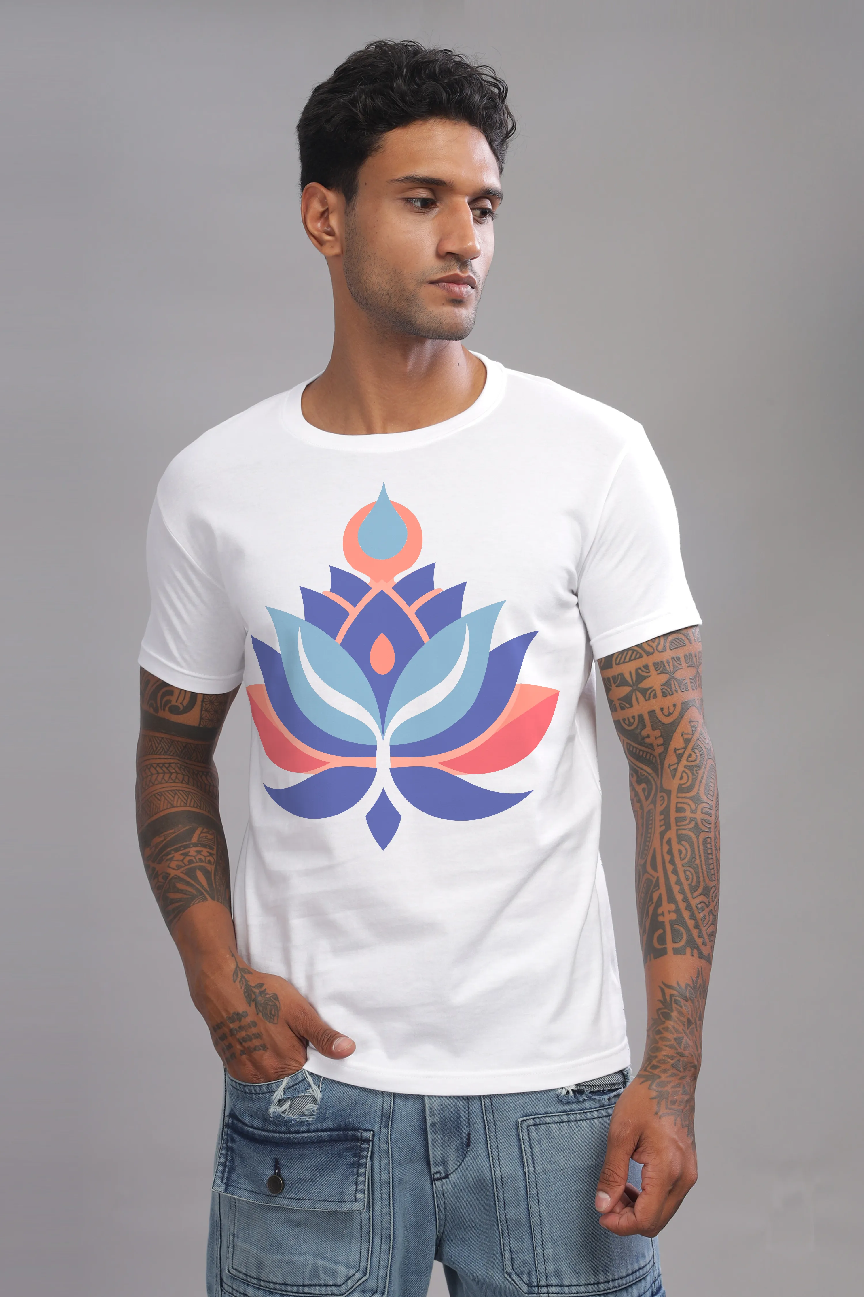 Whispering Lotus - 100% Cotton White Crewneck Half Sleeve Unisex T-shirt