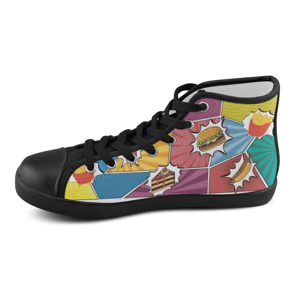 Women's Munchies Pop Art Print Canvas High Top Shoes (Black)