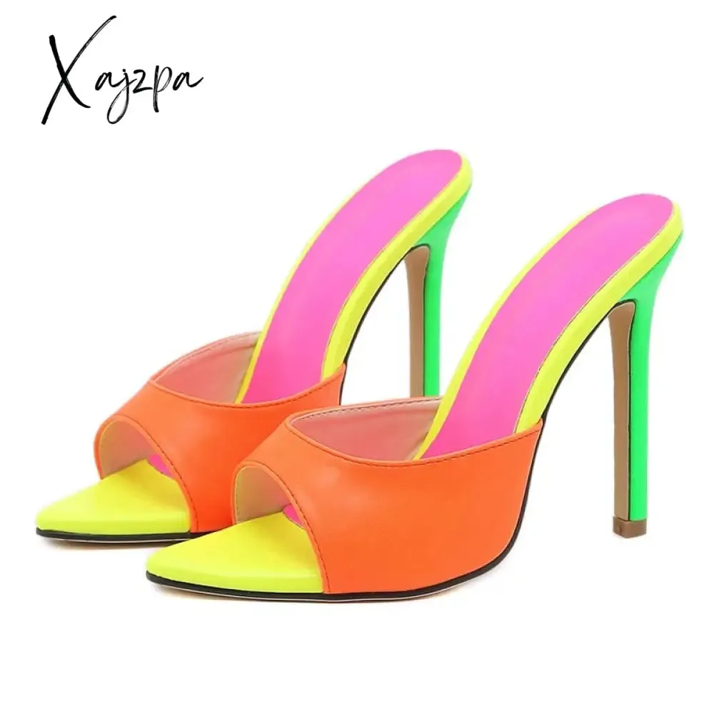 Xajzpa - Sexy Pointed Toe Mule High Heels Slipper Stripper Summer Fashion Mixed Color Slip On Slides Women Party Sandal Shoes