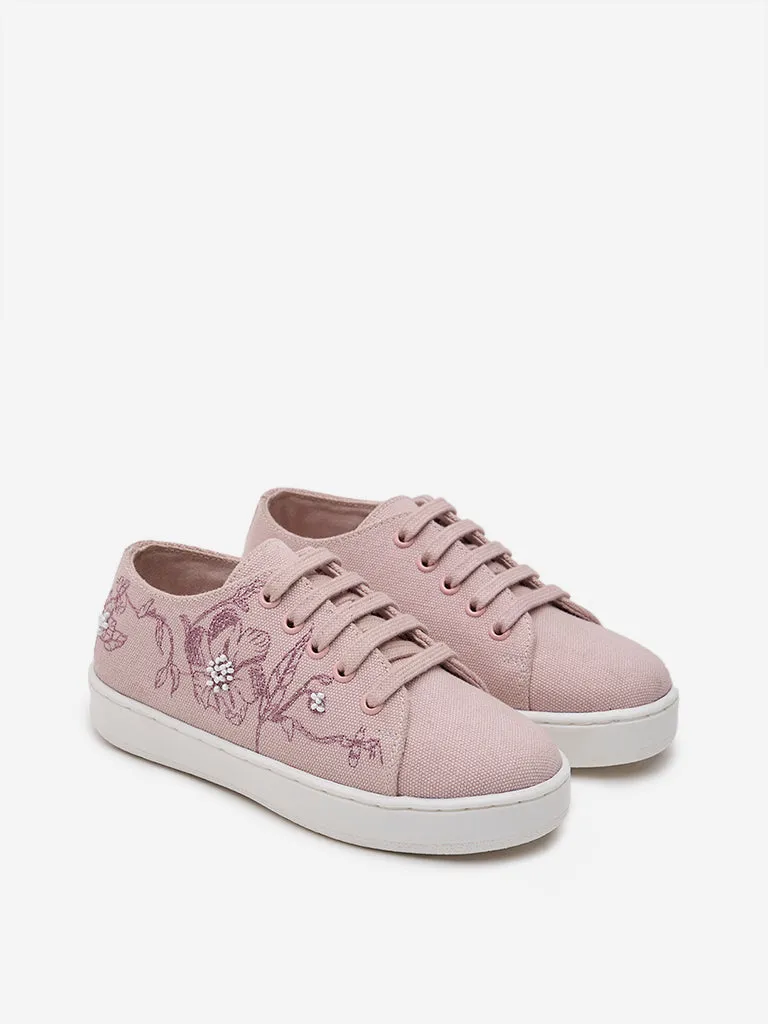 Yellow Pink Floral Embroidered Lace-Up Sneakers